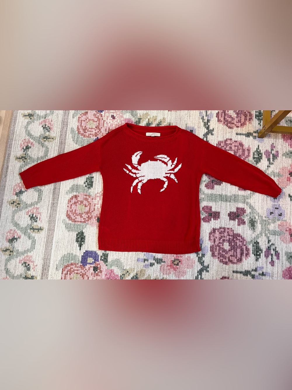 LOFT Red Crewneck Sweater with White Crab Motif